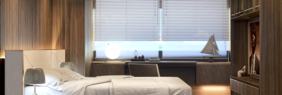 3D render of luxury yacht owner's cabin interior, photorealistic naval interior design visualization