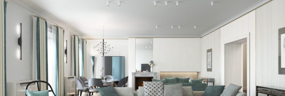 3D render of Fontanelle Villa on Lake Como living room, photorealistic luxury real estate interior visualization