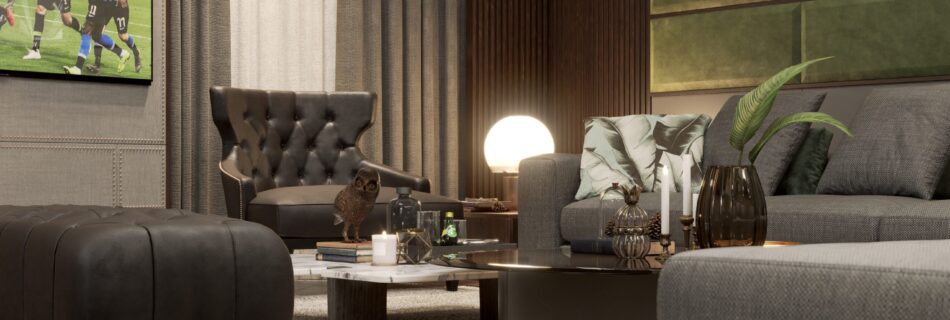 3D render of TFK Majlis luxury Middle Eastern living room, photorealistic interior architectural visualization