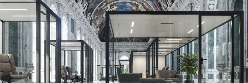 3D rendering of WQube Tecno architectural plug-and-play system exterior, photorealistic modular architecture visualization