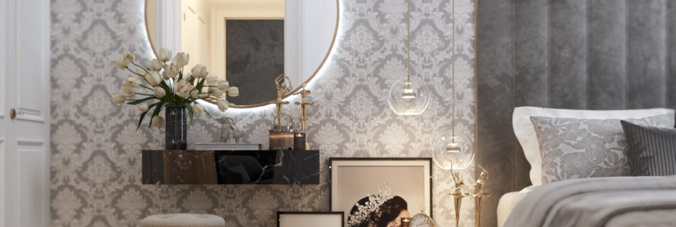 3D render of Gustave Adoré luxury glamour apartment, photorealistic Art Déco interior visualization