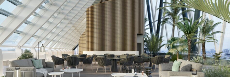 3D rendering of Centro Direzionale Unipol rooftop terrace, photorealistic architectural visualization by Mario Cucinella
