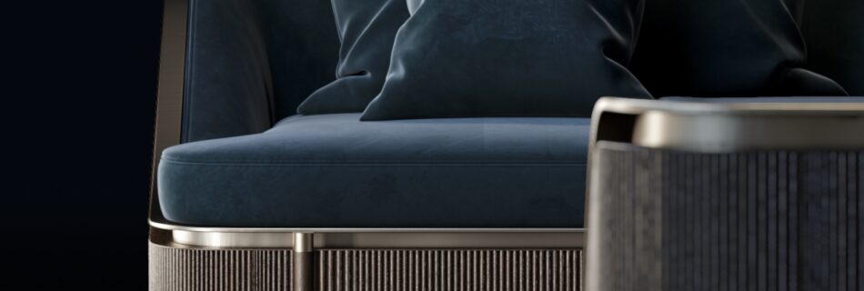3D product render of Art Déco office sofa, photorealistic furniture visualization for luxury interior catalogue