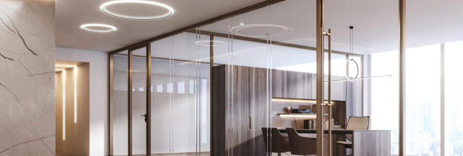 3D render of MW01 modular glass partition system in open-plan office interior, MolenHills architectural visualization