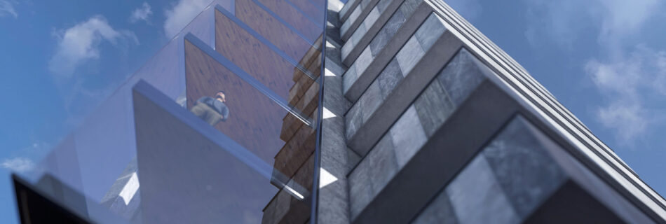 3D architectural rendering of The Stone luxury residential building exterior in Breuil-Cervinia, contemporary alpine facade